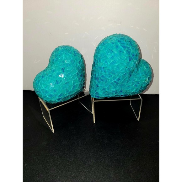 Vintage Teal Mosaic Art Glass Hearts Set Of 2 Tabletop 6"+ 5" Paperweight Decor - Picture 7 of 11